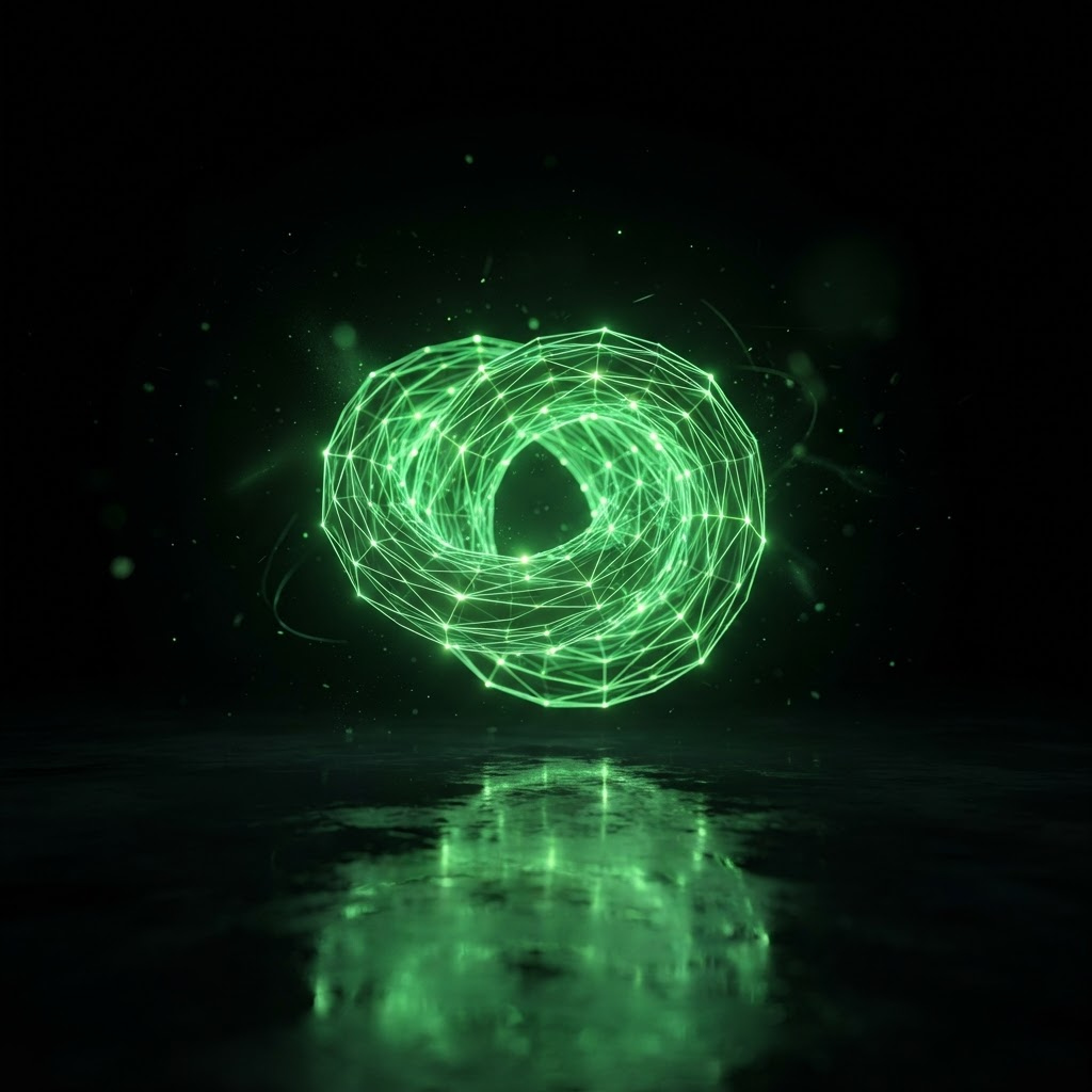 Objeto geométrico 3D em wireframe néon verde a flutuar sobre fundo escuro